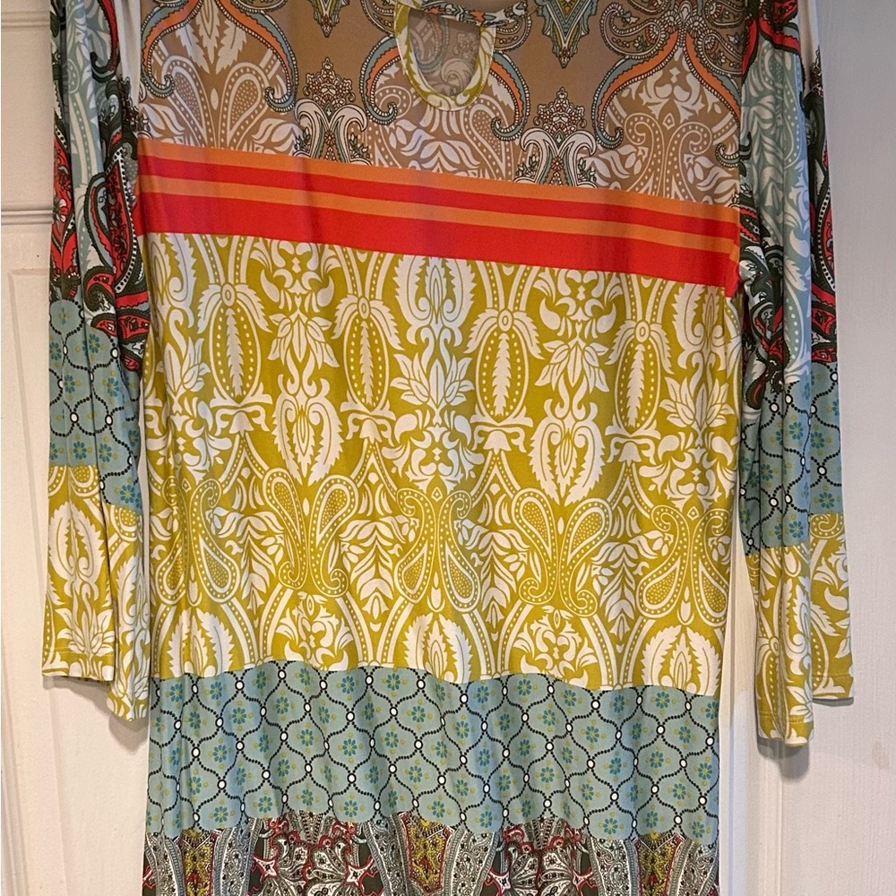 Pyramid CollectionWomen's Multicolor Patterned Long-Sleeve Dress - Yellow & Teal